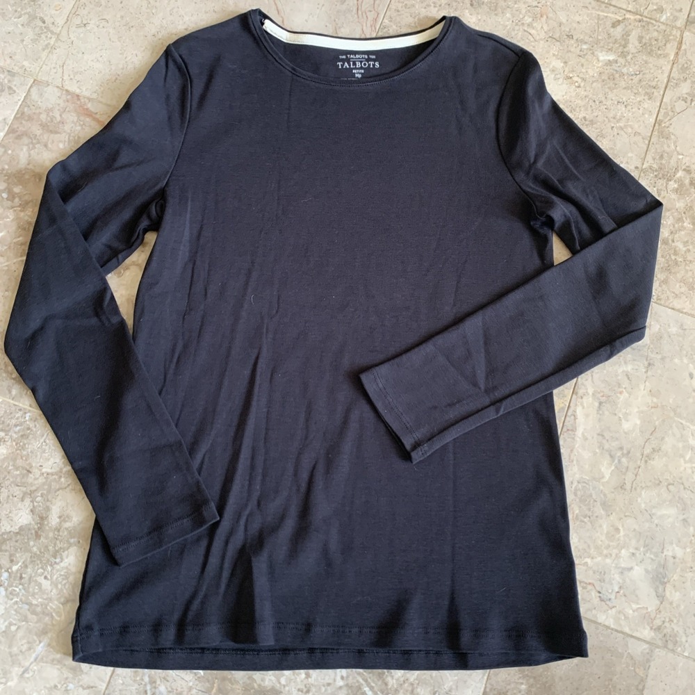 Talbots Womens Top Black Size Petite MP The Talbots Tee Cotton Long Sleeve